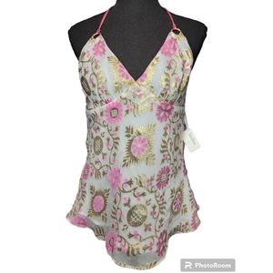 Milly of New York Metallic Gold Cream Pink Brocade Silk Halter Top size 10